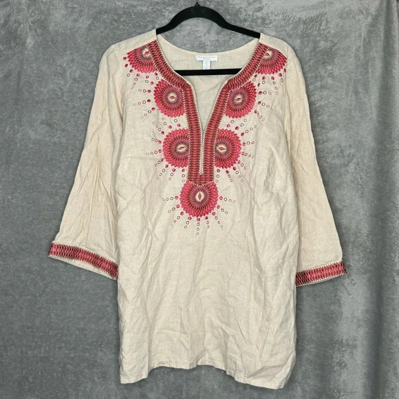 Charter Club 1X Shirt Top Beige‎ 3/4 Sleeve Split Scoop Neck Linen Embroidered - Picture 1 of 6